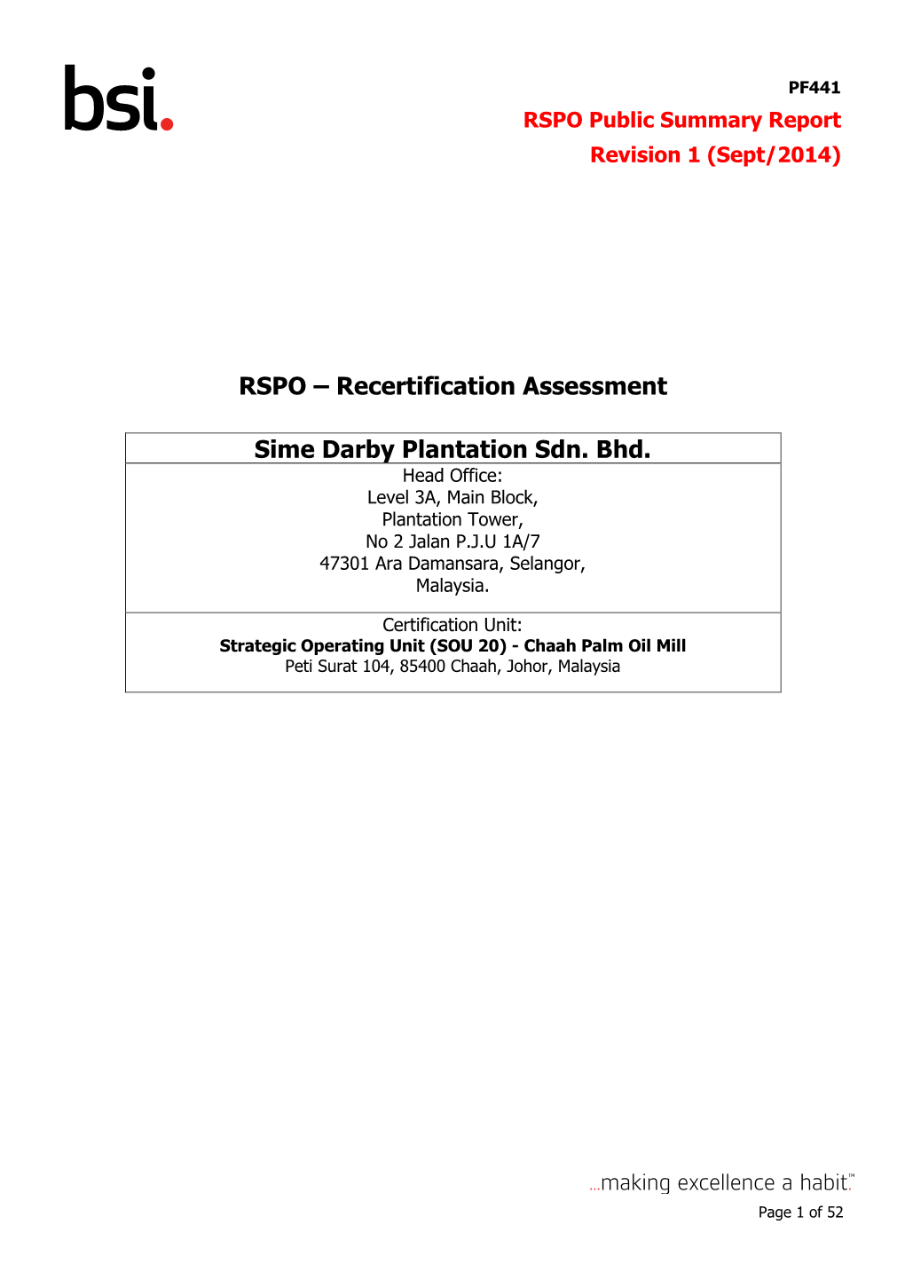 Recertification Assessment Sime Darby Plantation Sdn. Bhd