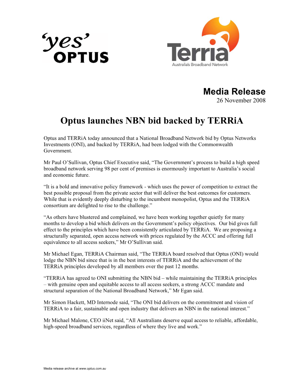 Optus Launches NBN Bid Backed by Terria