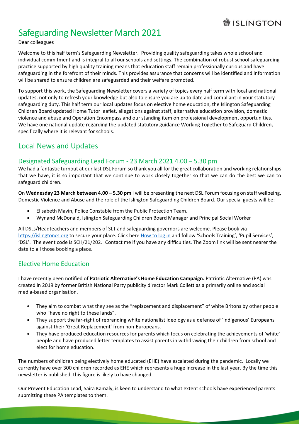 Safeguarding Newsletter March 2021 Dear Colleagues Welcome to This Half Term’S Safeguarding Newsletter