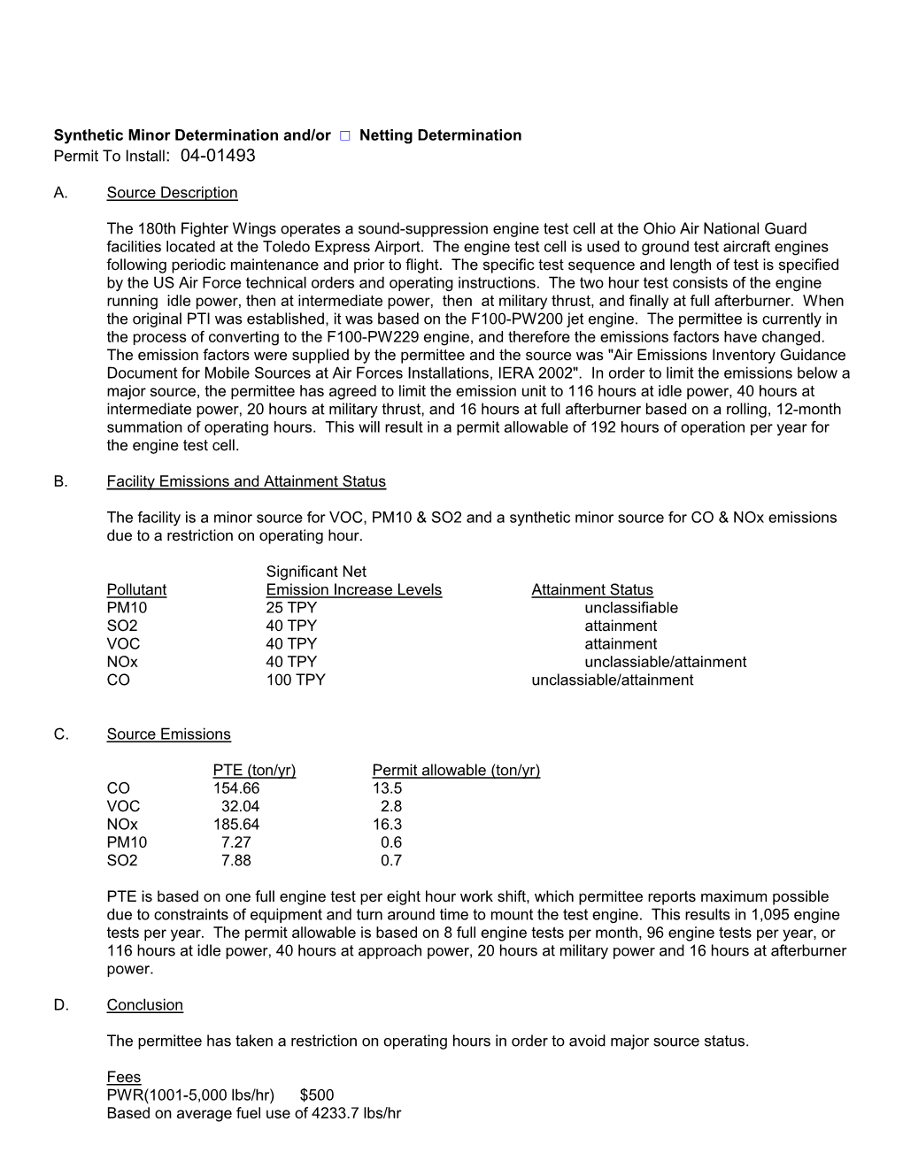 Synthetic Minor Determination And/Or Netting Determination Permit To