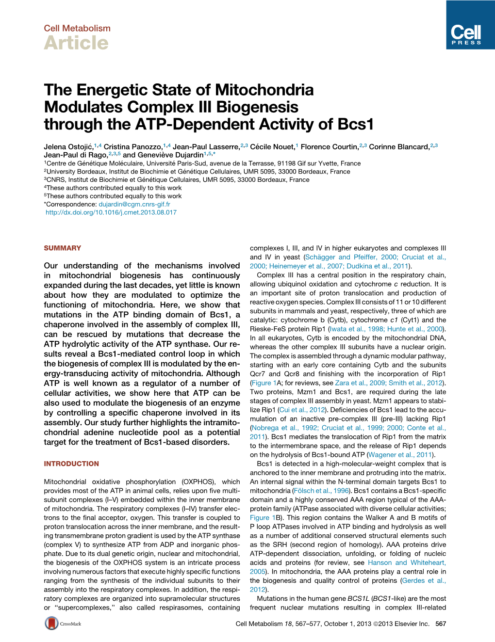 The Energetic State of Mitochondria Modulates Complex III Biogenesis Through the ATP-Dependent Activity of Bcs1