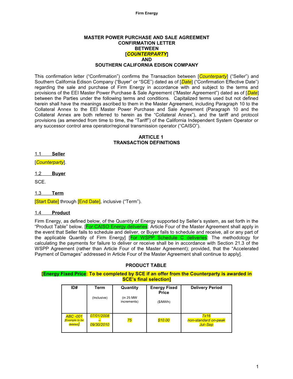 MASTER POWER PURCHASE and SALE AGREEMENT CONFIRMATION LETTER BETWEEN Counterparty And