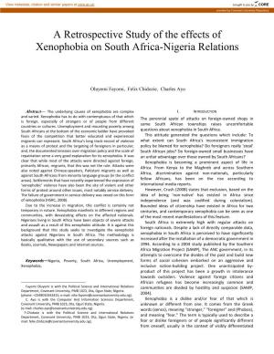 A Retrospective Study of the Effects of Xenophobia on South Africa-Nigeria Relations