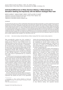 Individual Differences in Risky Decision Making: a Meta-Analysis of Sensation Seeking and Impulsivity with the Balloon Analogue Risk Task