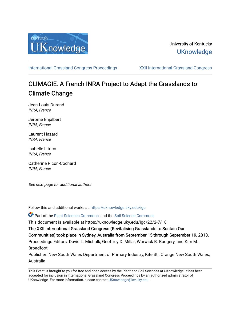 A French INRA Project to Adapt the Grasslands to Climate Change