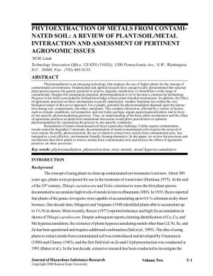 Phytoextraction of Metals from Contami- Nated Soil: a Review of Plant/Soil/Metal Interaction and Assessment of Pertinent Agronomic Issues M.M