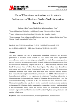Use of Educational Animation and Academic Performance of Business Studies Students in Akwa Ibom State