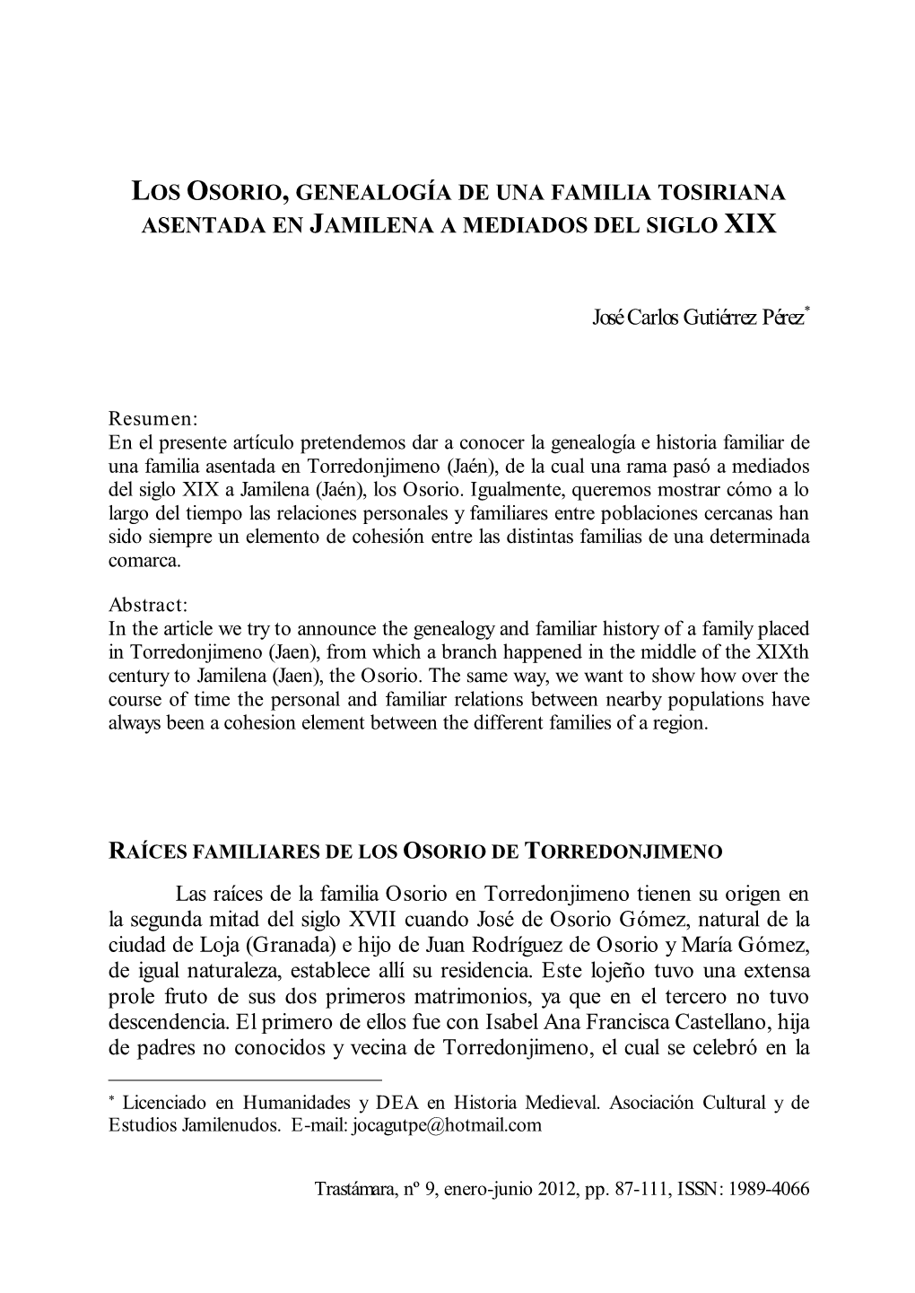 Los Osorio, Genealogía De Una Familia Tosiriana Asentada En Jamilena a Mediados Del Siglo Xix