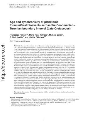 Age and Synchronicity of Planktonic Foraminiferal Bioevents Across the Cenomanian– Turonian Boundary Interval (Late Cretaceous)