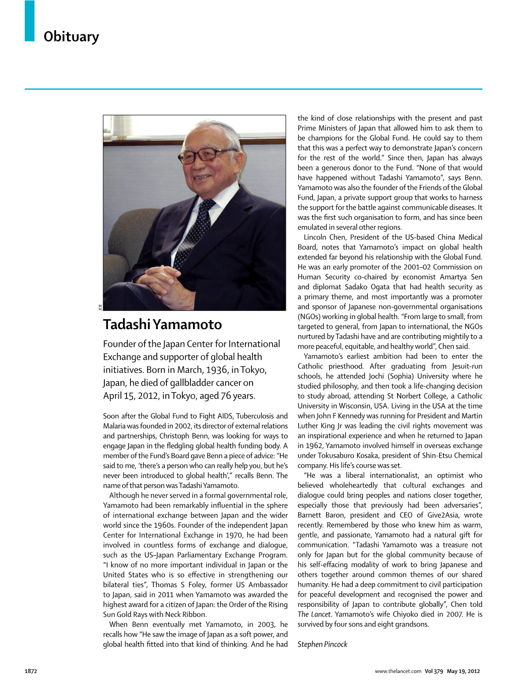 Tadashi Yamamoto Obituary in the Lancet