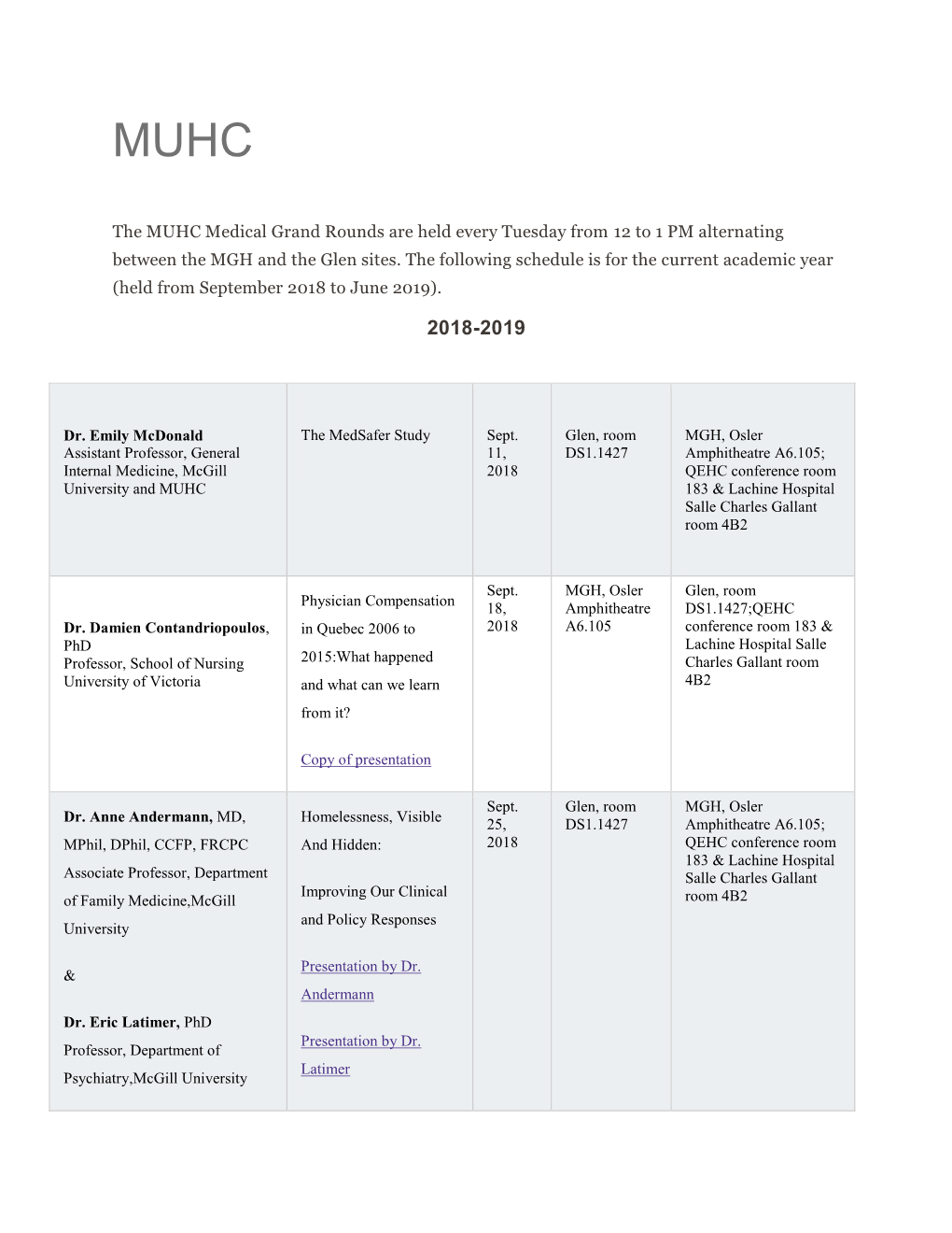 The MUHC Medical Grand Rounds Are Held Every Tuesday from 12 to 1 PM Alternating Between the MGH and the Glen Sites