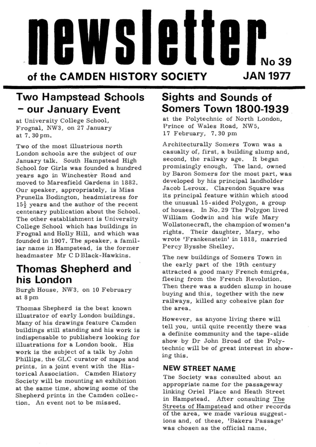 Of the CAMDEN HISTORY SOCIETY ,No39 JAN 1977 Two Hampstead