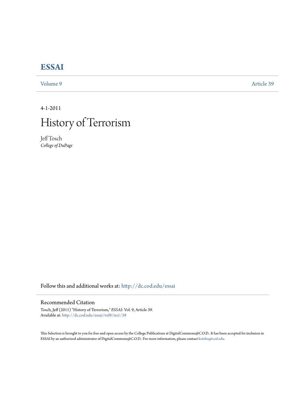 History of Terrorism Jeff Ot Sch College of Dupage