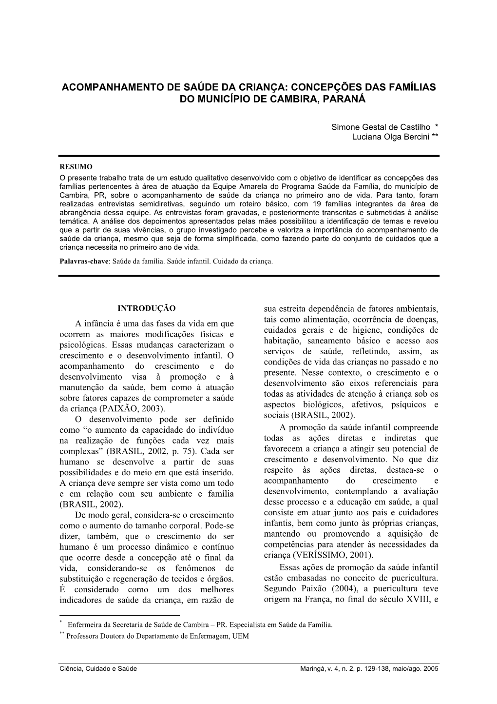 Acompanhamento De Saúde Da Criança: Concepções Das Famílias Do Município De Cambira, Paraná