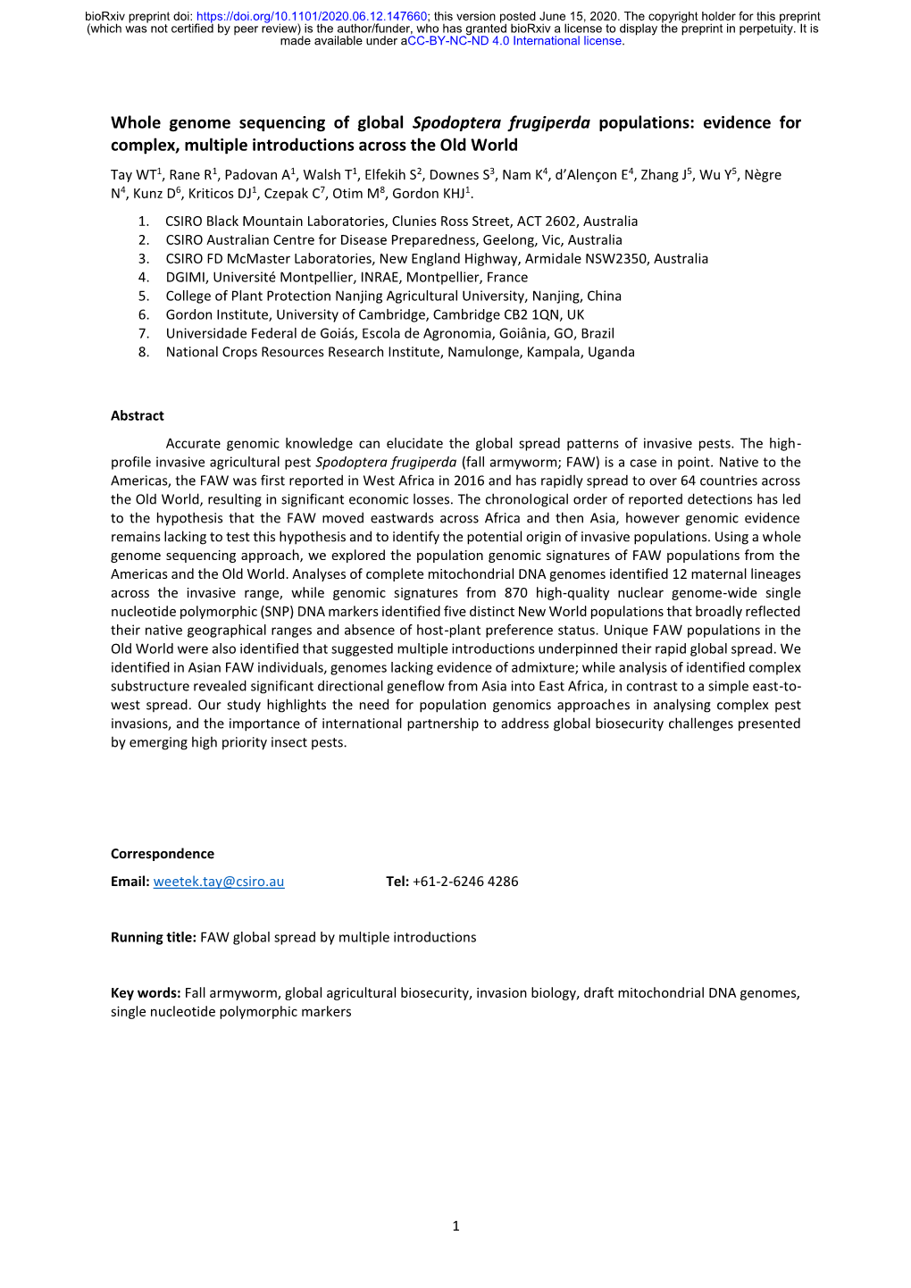 Whole Genome Sequencing of Global Spodoptera Frugiperda Populations