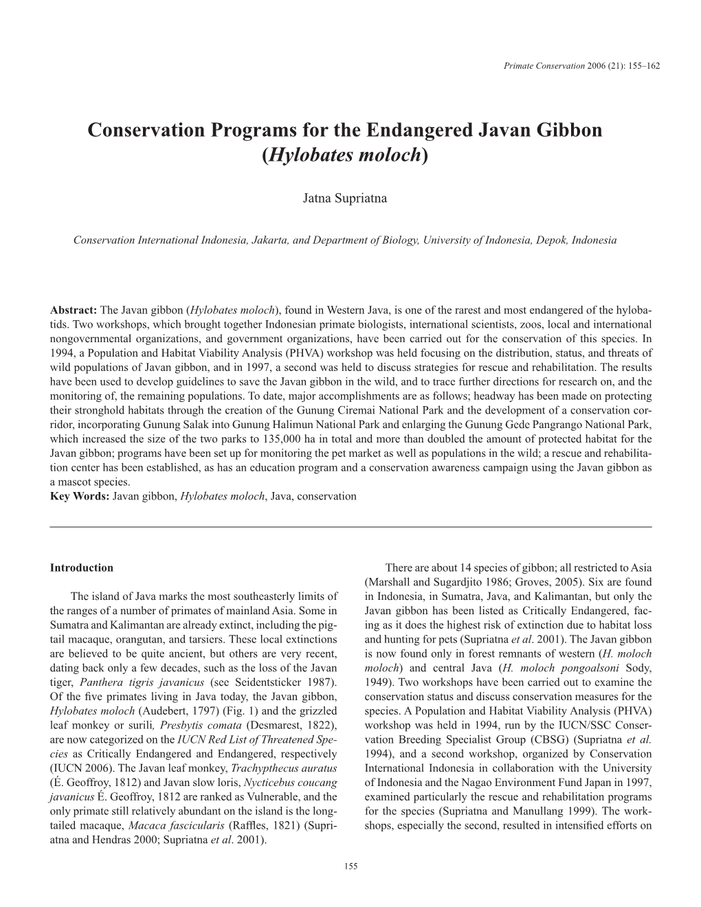 Conservation Programs for the Endangered Javan Gibbon (Hylobates Moloch)