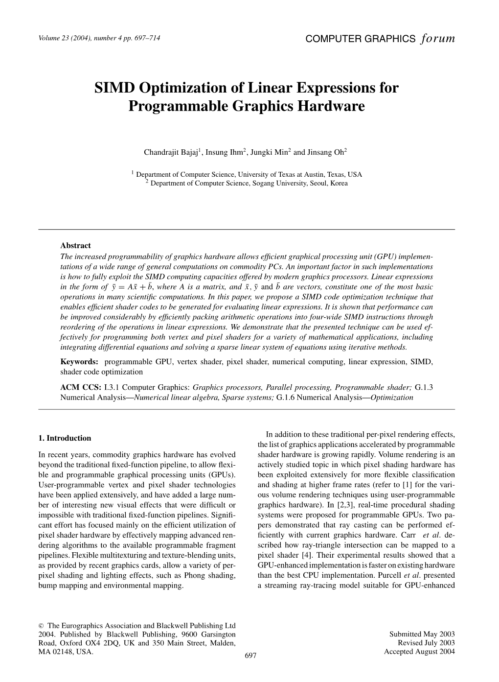 SIMD Optimization of Linear Expressions for Programmable Graphics Hardware