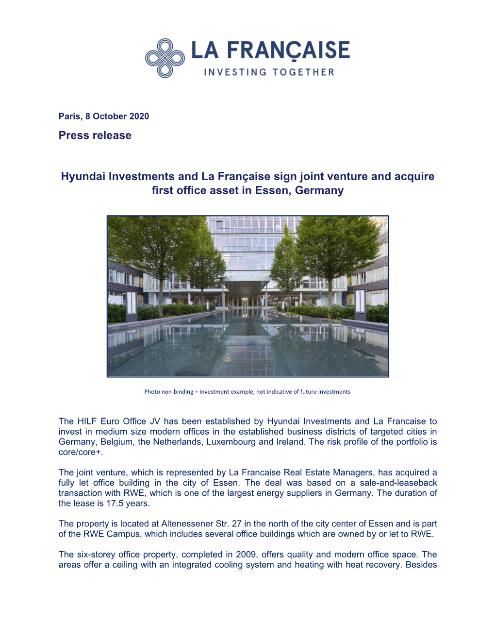 Press Release Hyundai Investments and La Française Sign Joint Venture and Acquire First Office Asset in Essen, Germany