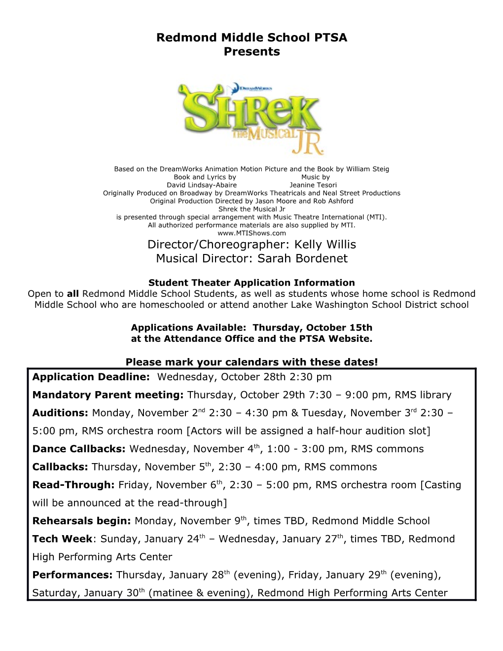 Student Theater Application Information