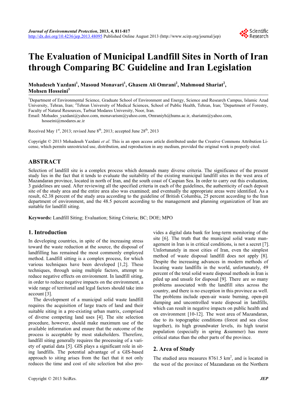 The Evaluation of Municipal Landfill Sites in North of Iran Through Comparing BC Guideline and Iran Legislation