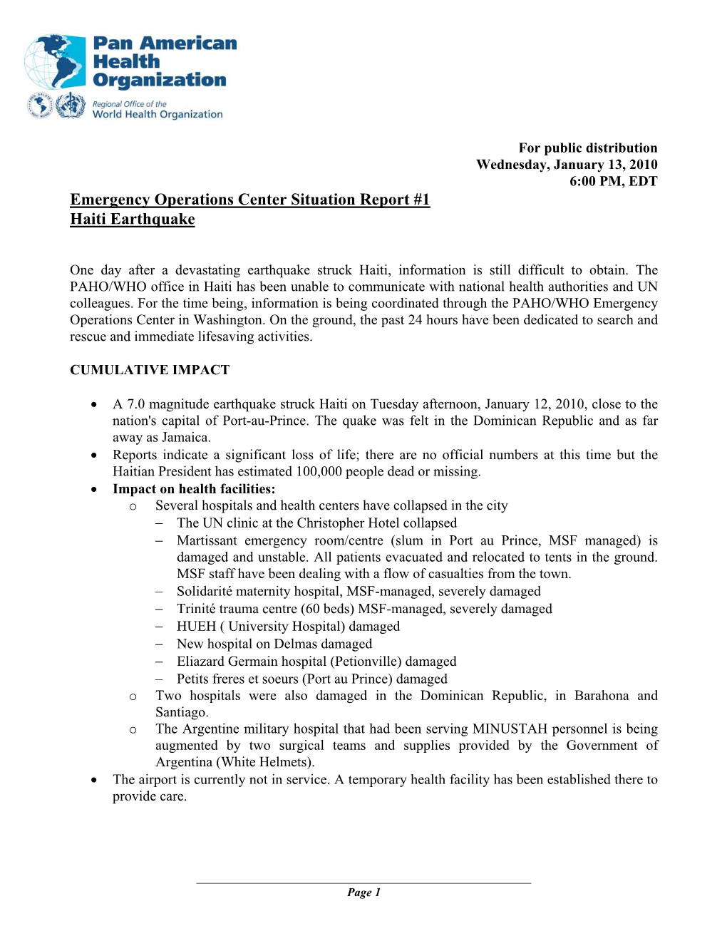 Emergency Operations Center Situation Report #1 Haiti Earthquake