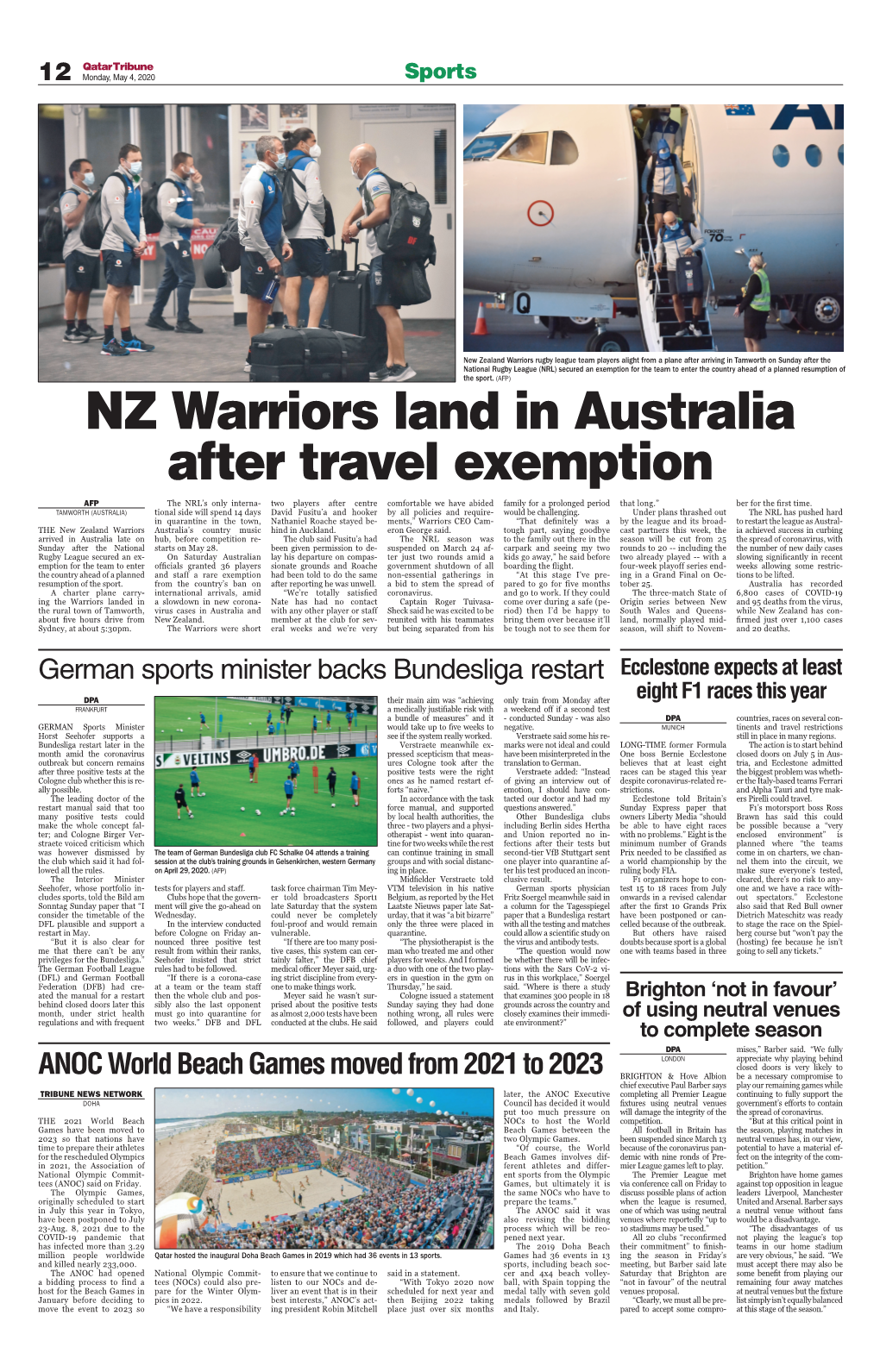 NZ Warriors Land in Australia After Travel Exemption