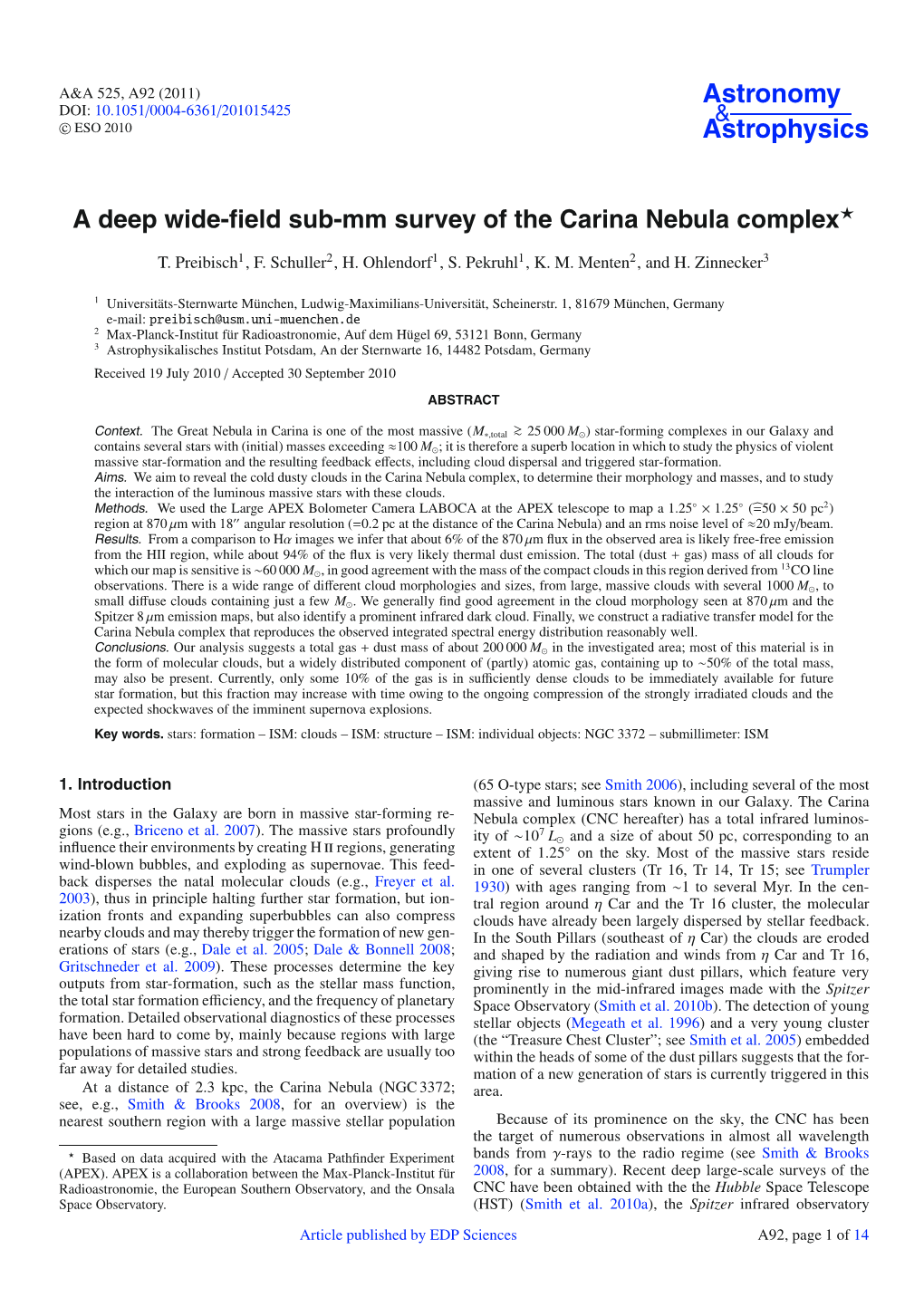 A Deep Wide-Field Sub-Mm Survey of the Carina Nebula Complex⋆