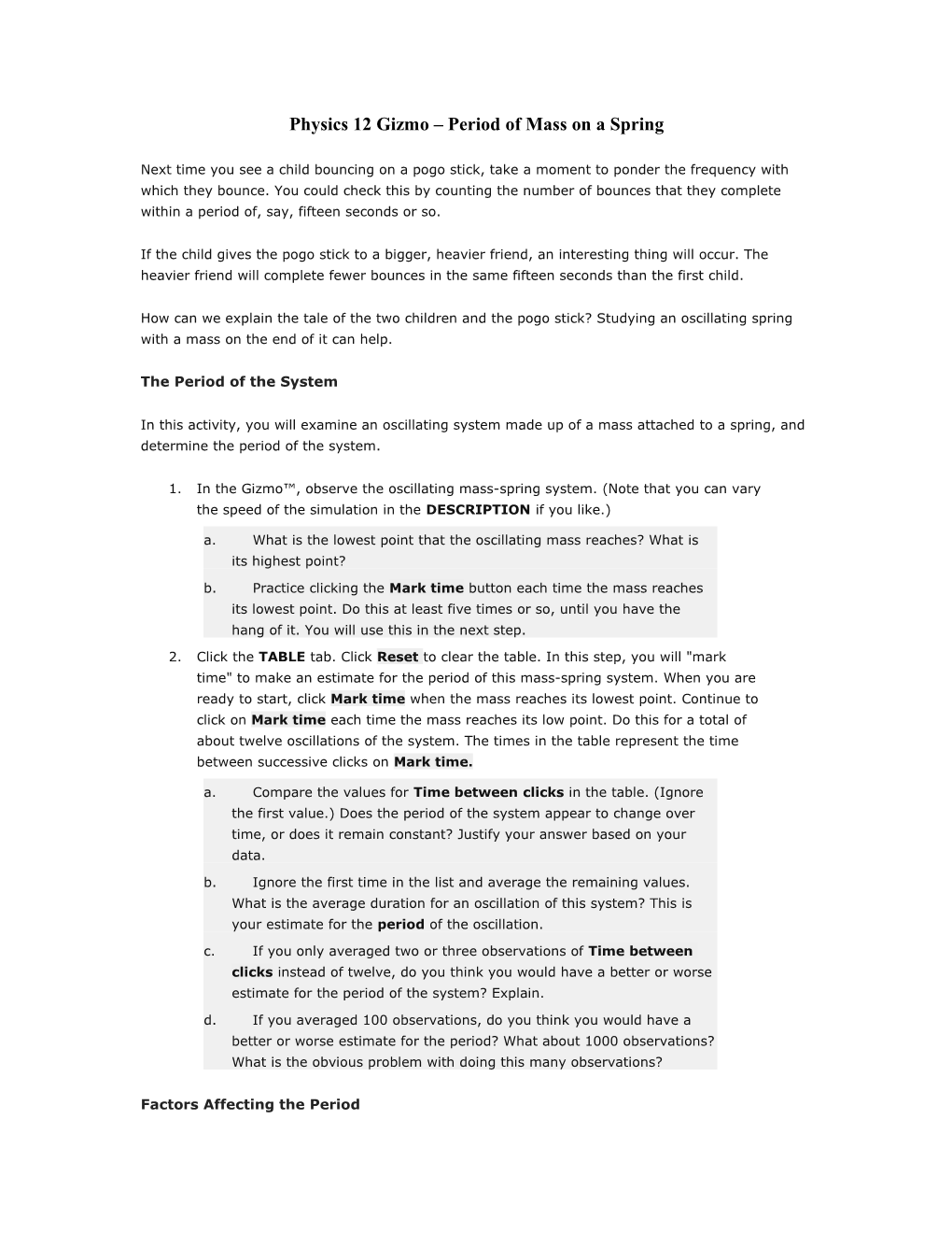 Physics 12 Gizmo Period of Mass on a Spring