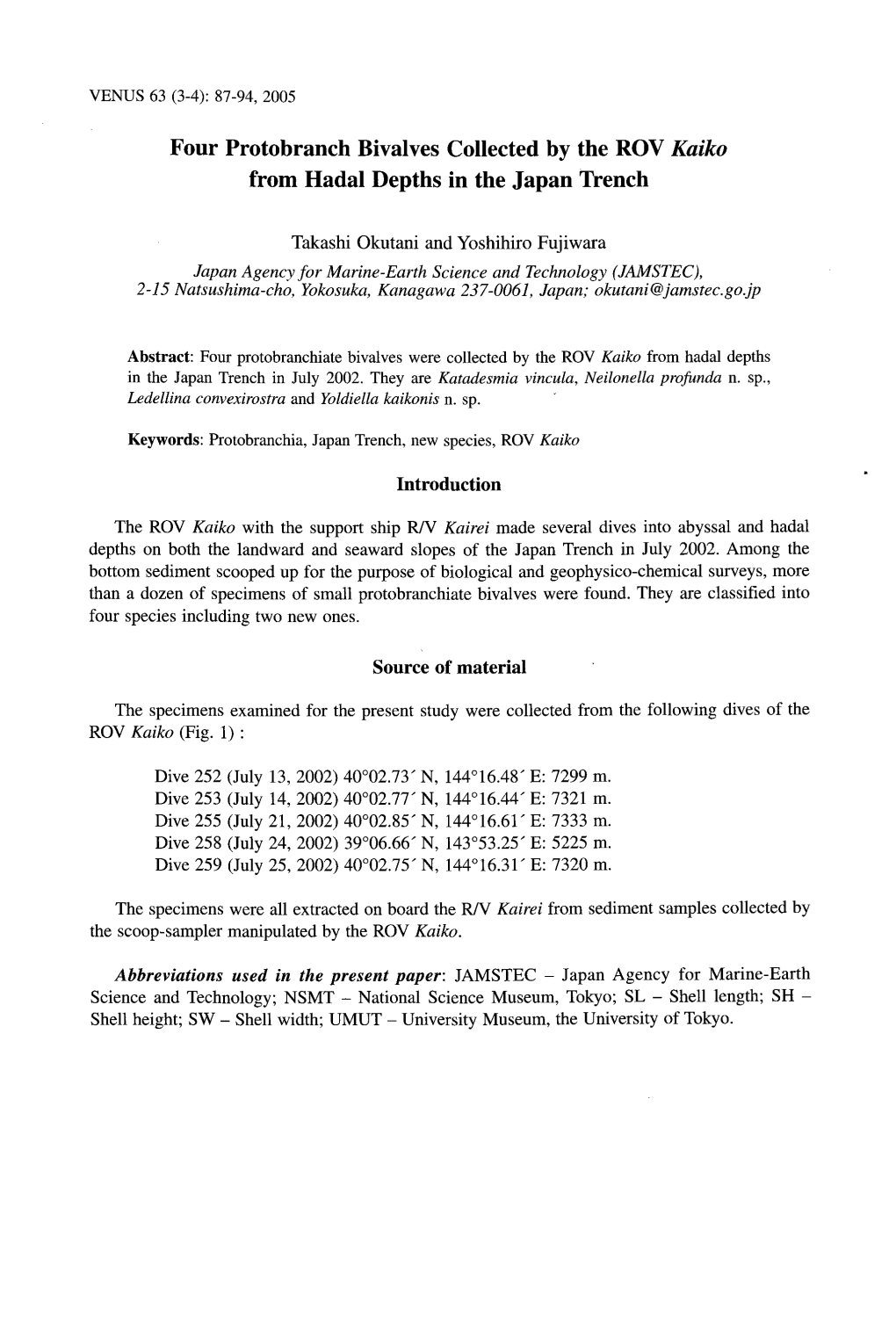 Page 1 VENUS 63 (3-4): 87-94, 2005 Four Protobranch Bivalves