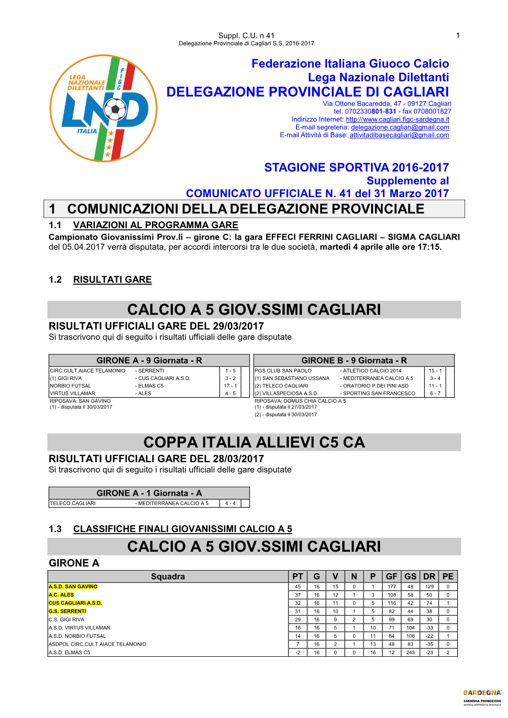 Calcio a 5 Giov.Ssimi Cagliari Coppa Italia Allievi C5 Ca Calcio a 5 Giov.Ssimi Cagliari