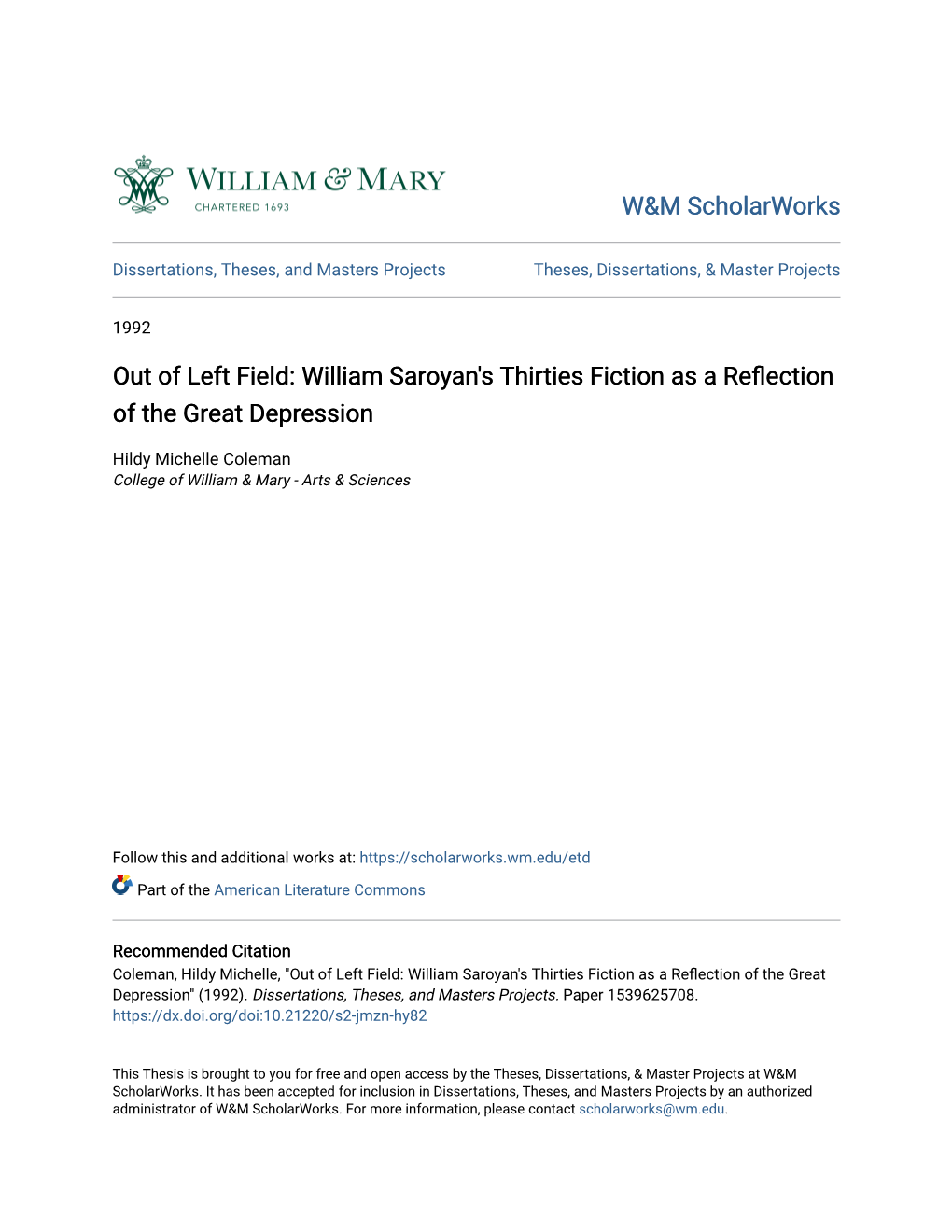 Out of Left Field: William Saroyan's Thirties Fiction As a Reflection of the Great Depression