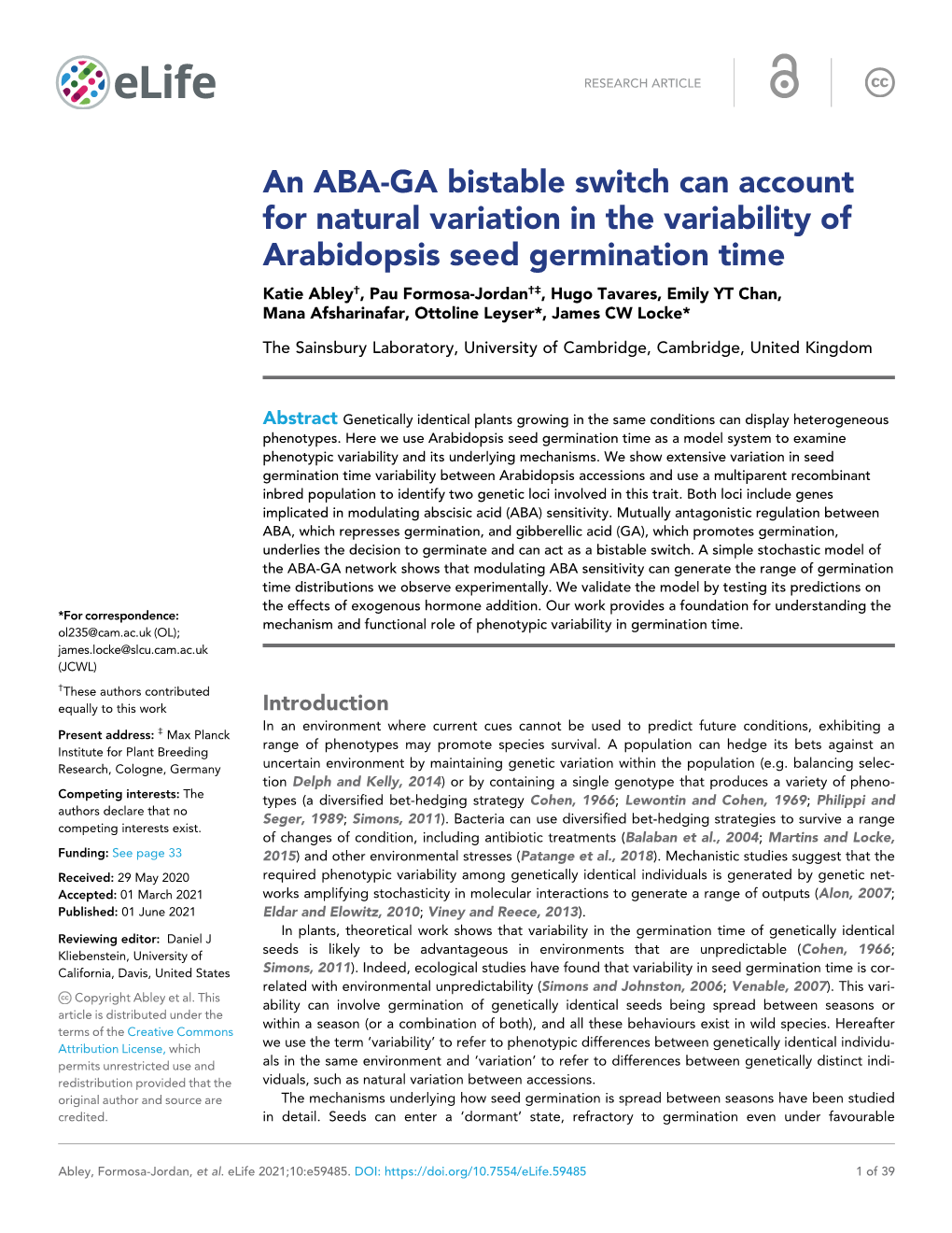 An ABA-GA Bistable Switch Can Account for Natural Variation in The