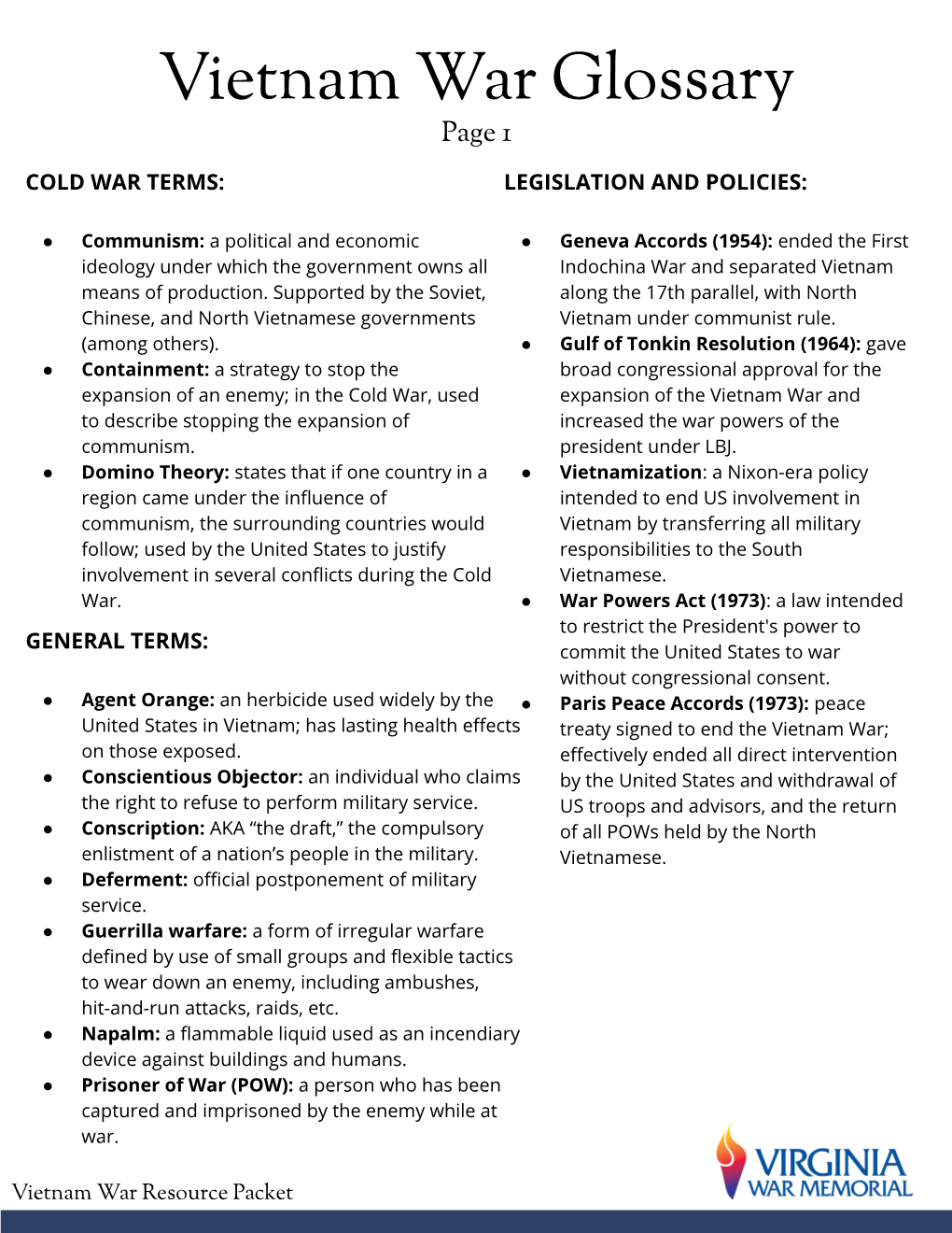 Vietnam War Resource Packet Vietnam War Glossary Page 2 AMERICAN FIGURES: VIETNAMESE TERMS and FIGURES