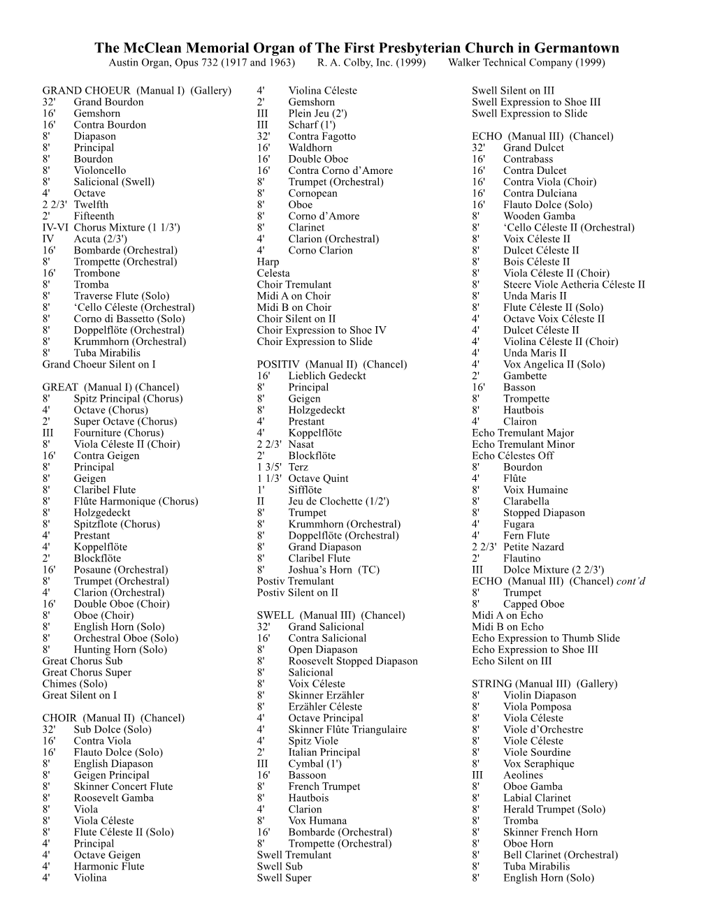 Mclean Pipe Organ Specifications