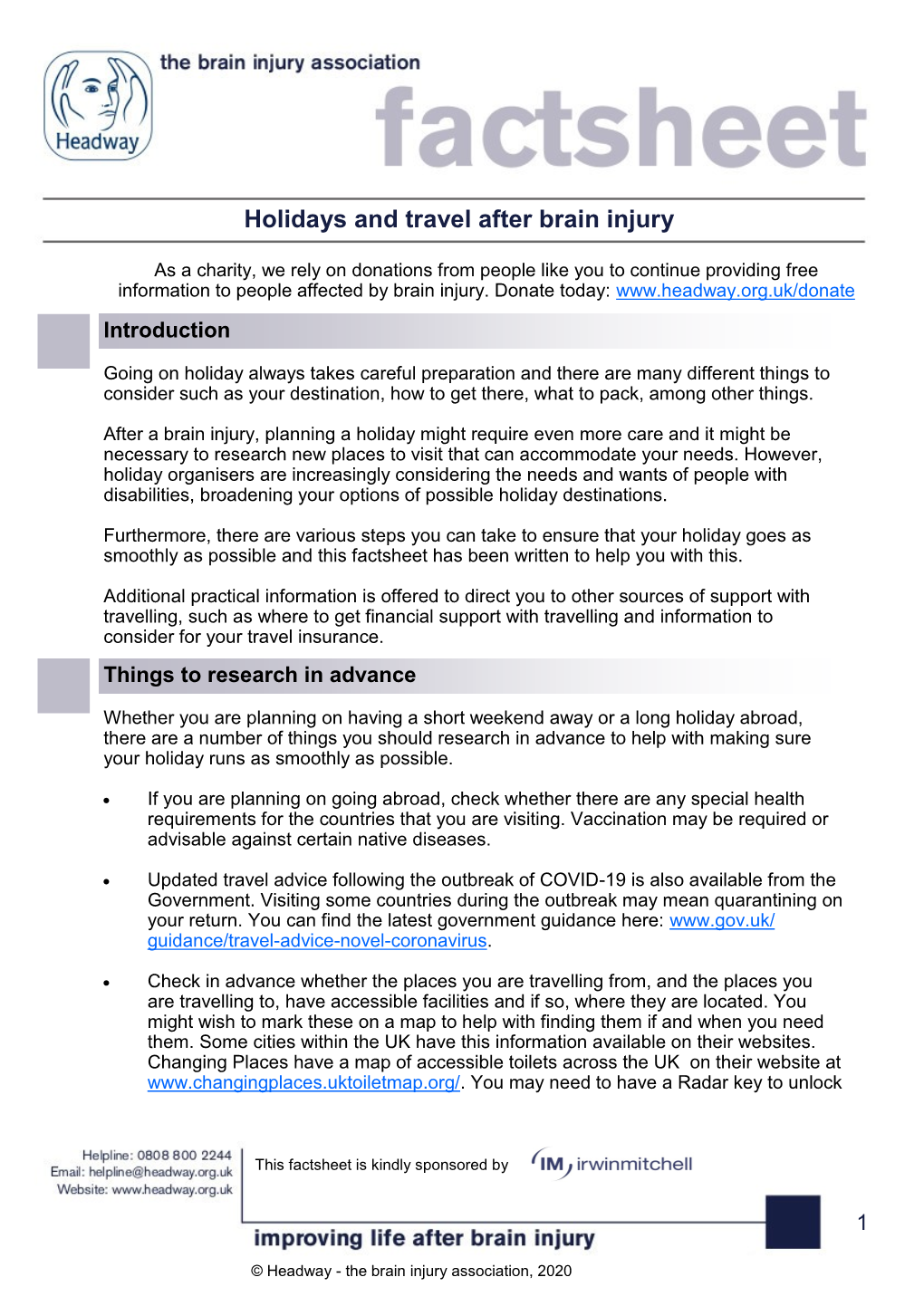 Holidays and Travel After Brain Injury Factsheet