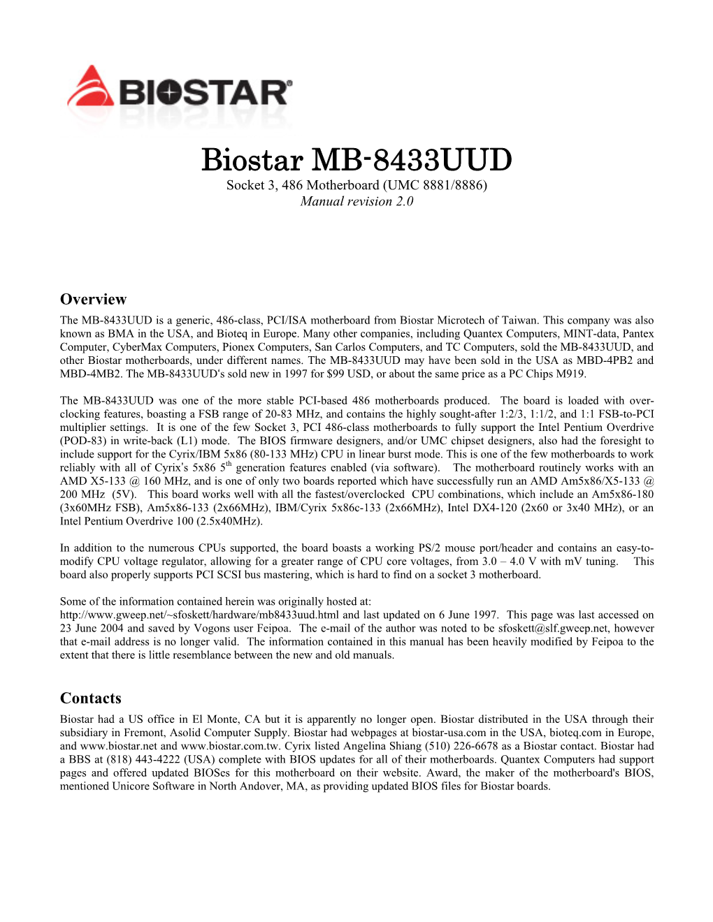 Biostar MB-8433UUD Manual Revision