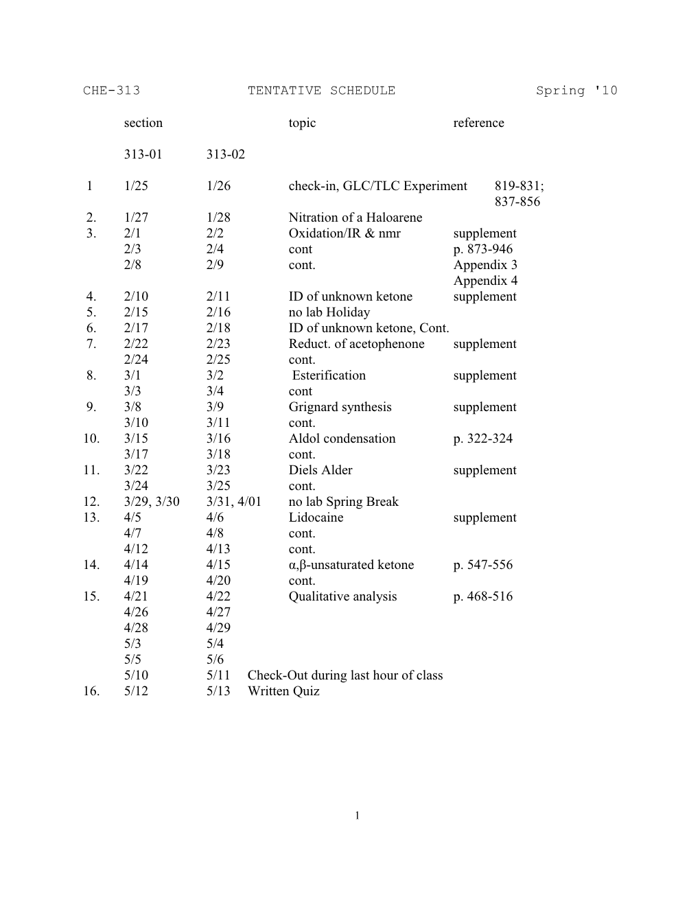 CHE-313 TENTATIVE SCHEDULE Spring '10