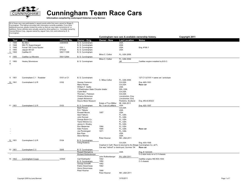 Cunningham Team Race Cars Information Compiled by Motorsport Historian Larry Berman