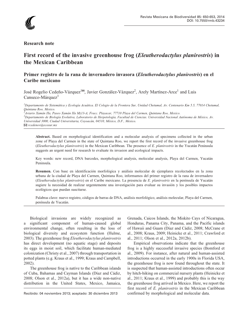 First Record of the Invasive Greenhouse Frog (Eleutherodactylus Planirostris) in the Mexican Caribbean