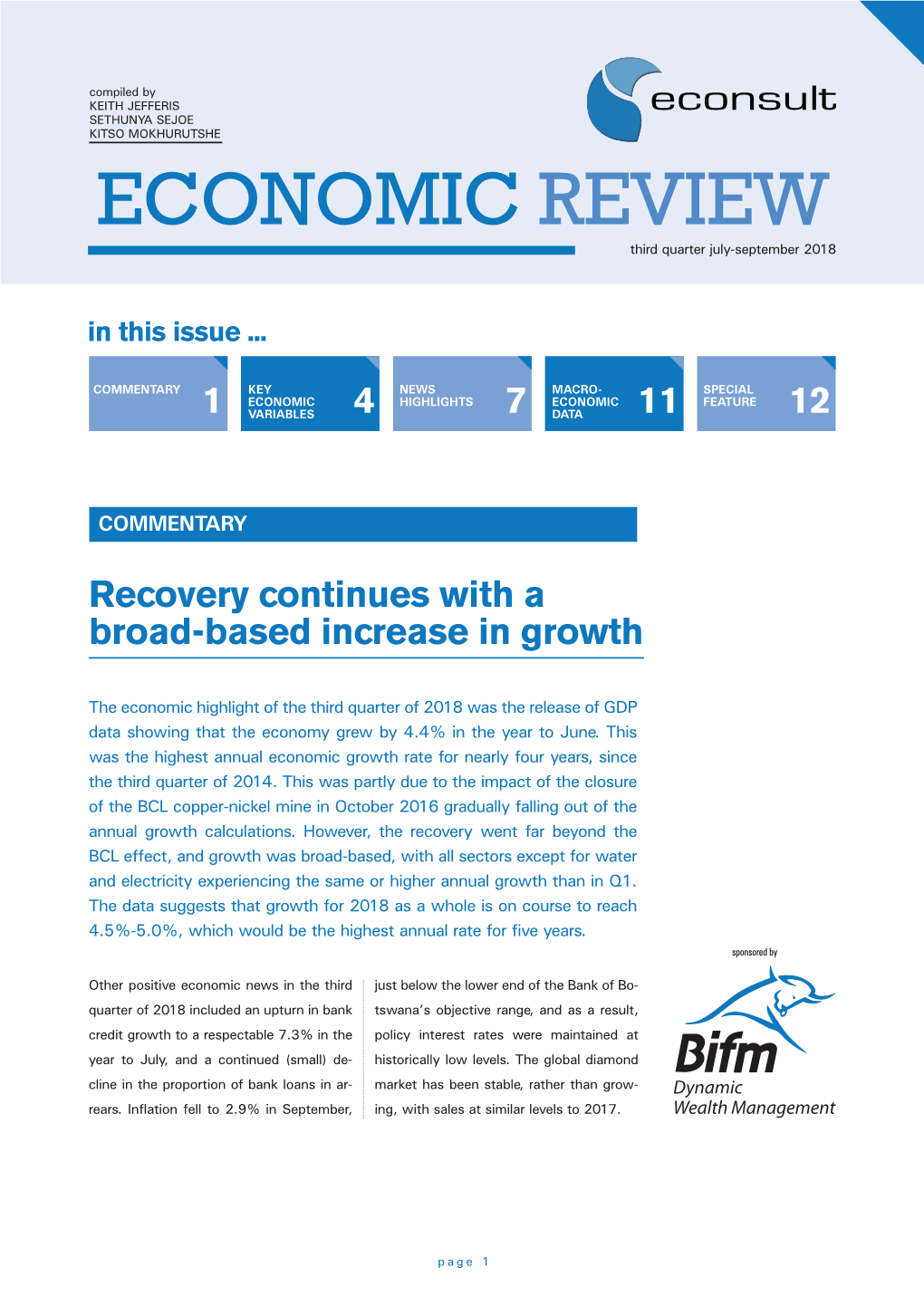 ECONOMIC REVIEW Third Quarter July-September 2018 in This Issue