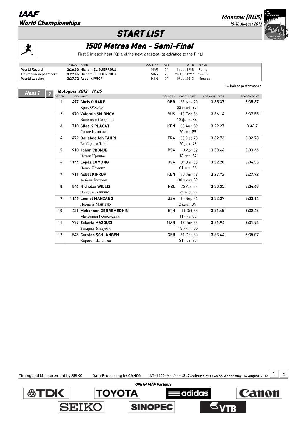 START LIST 1500 Metres Men - Semi-Final First 5 in Each Heat (Q) and the Next 2 Fastest (Q) Advance to the Final