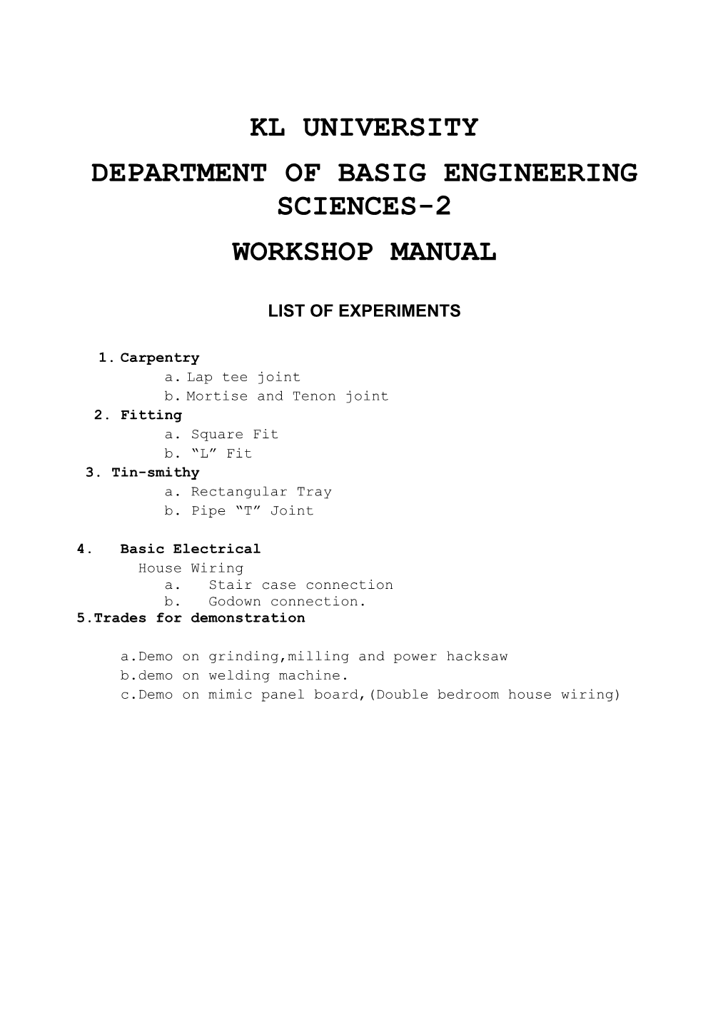 Kl University Department of Basig Engineering Sciences-2 Workshop Manual