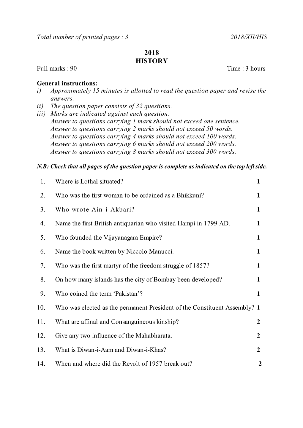2018 HISTORY Full Marks : 90 Time : 3 Hours