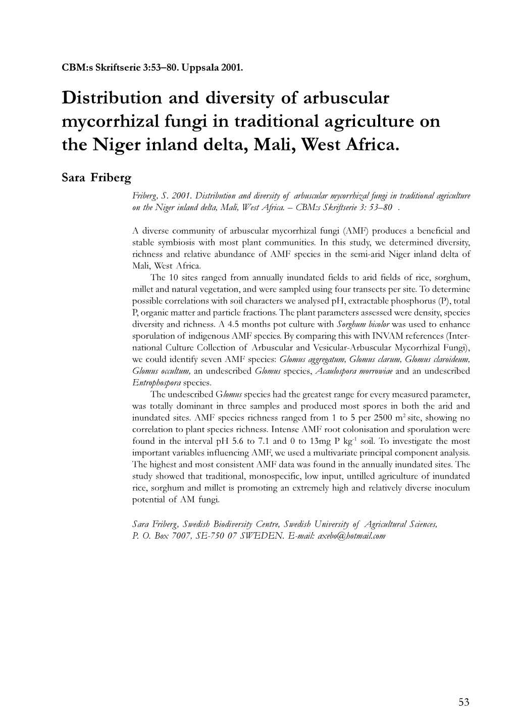 Distribution and Diversity of Arbuscular Mycorrhizal Fungi in Traditional Agriculture on the Niger