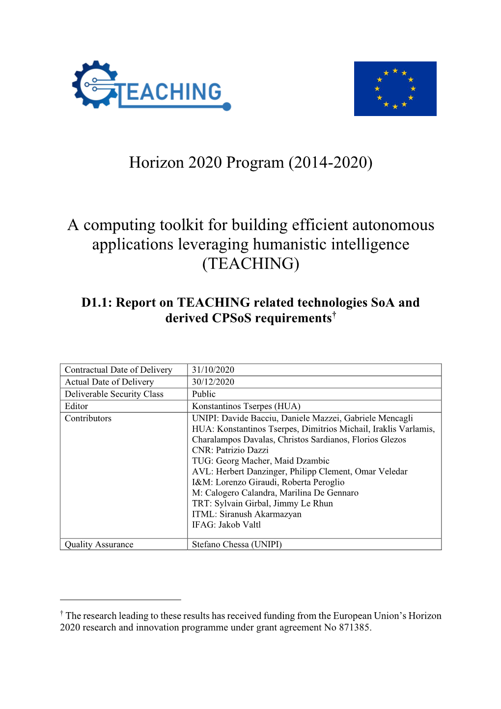 Report on TEACHING Related Technologies Soa and Derived Cpsos Requirements†