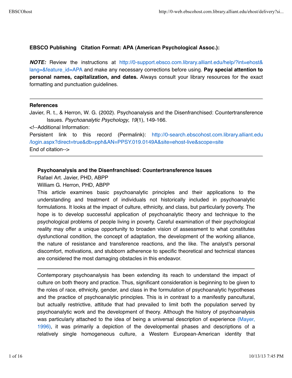 EBSCO Publishing Citation Format: APA (American Psychological Assoc.)