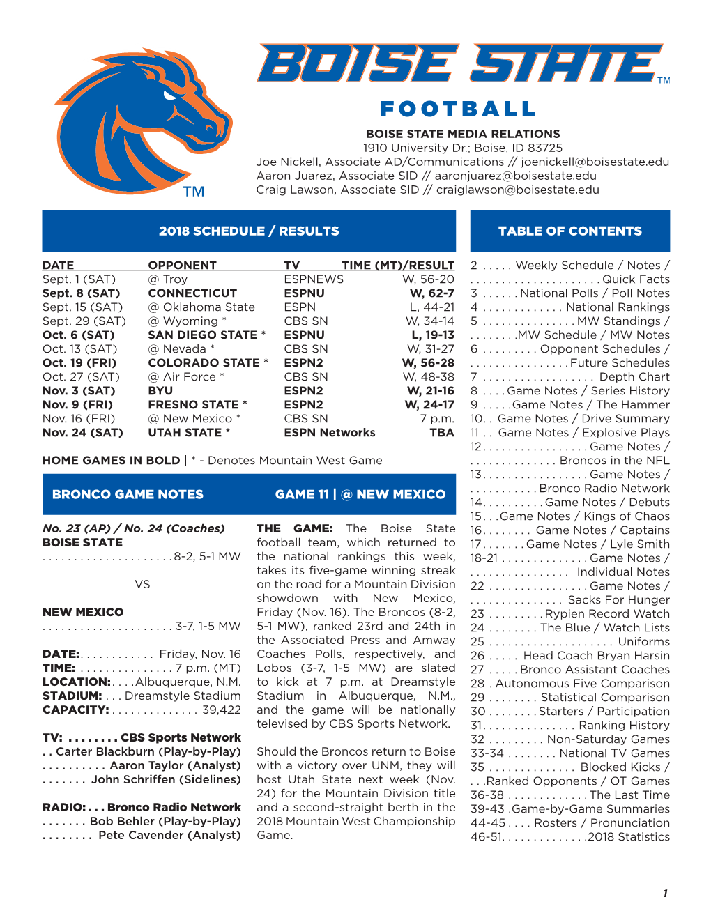 2018 Schedule / Results Bronco Game Notes Game 11