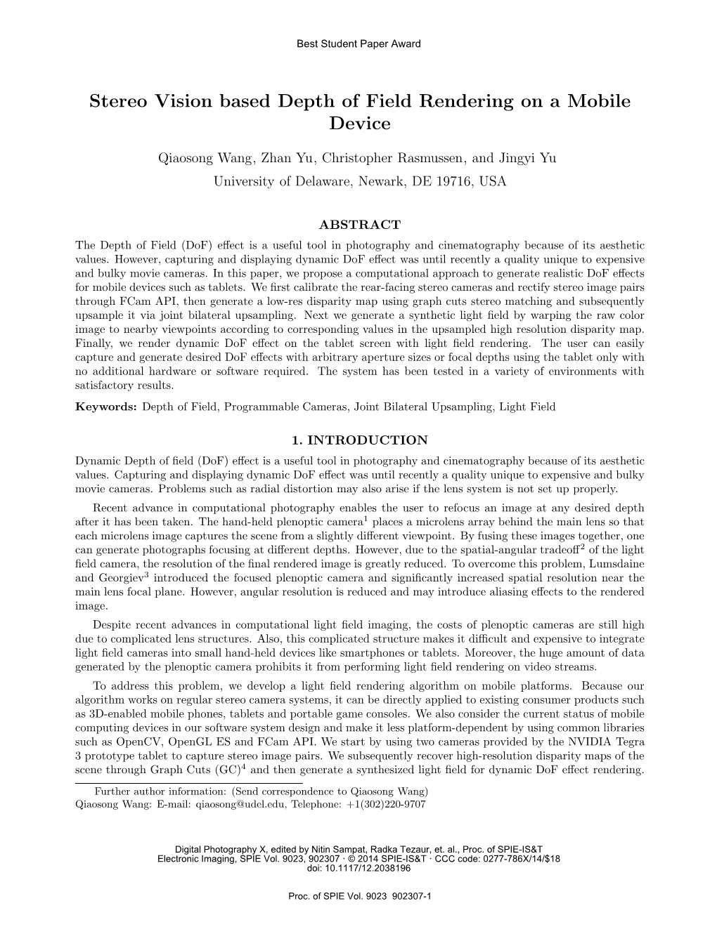 Stereo Vision Based Depth of Field Rendering on a Mobile Device