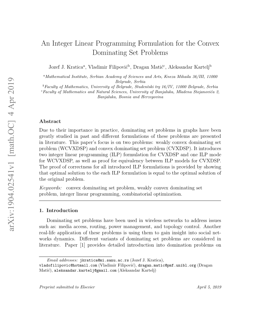 An Integer Linear Programming Formulation for the Convex