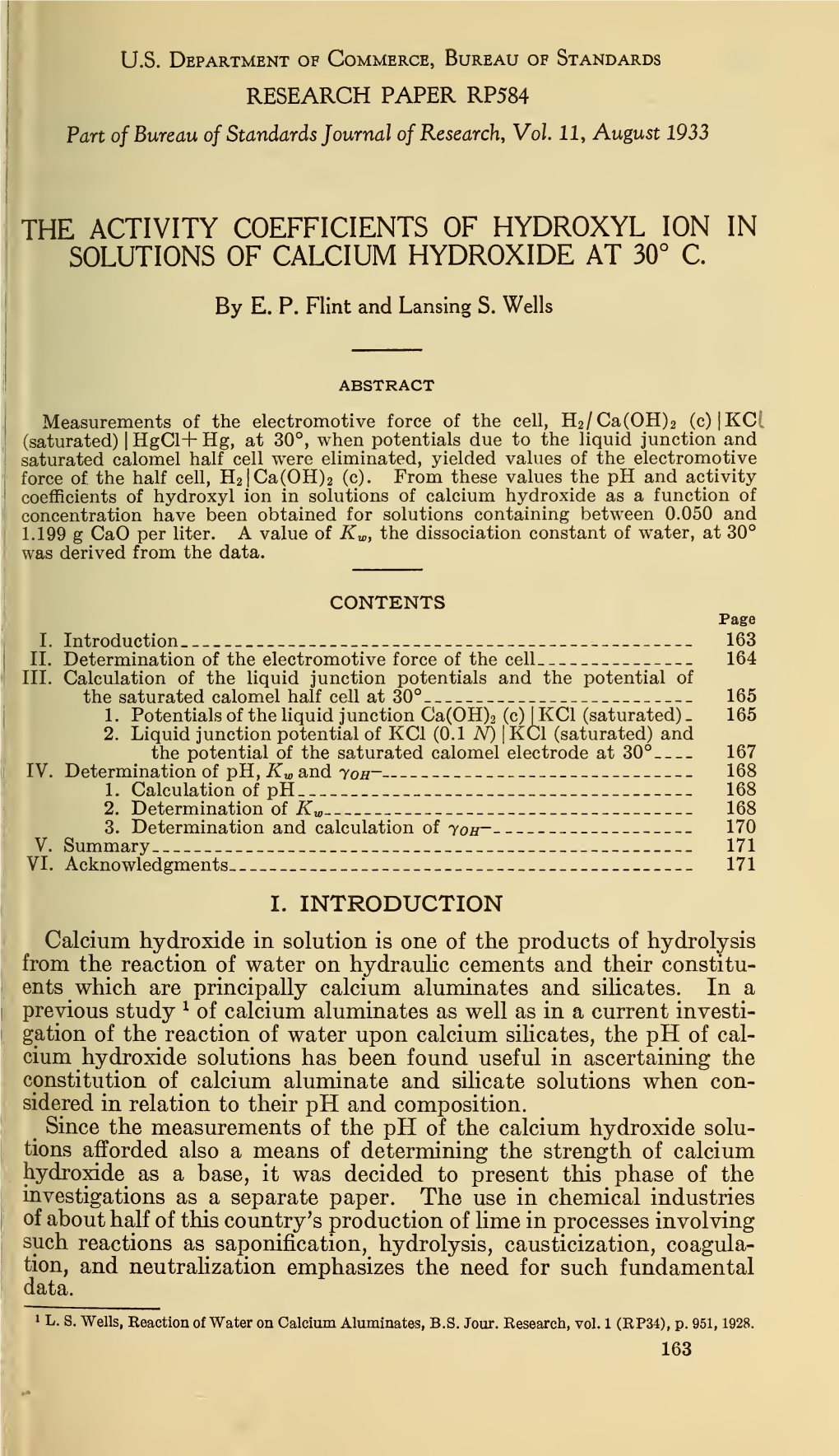 The Activity Coefficients of Hydroxyl Ion in Solutions of Calcium Hydroxide at 30° C